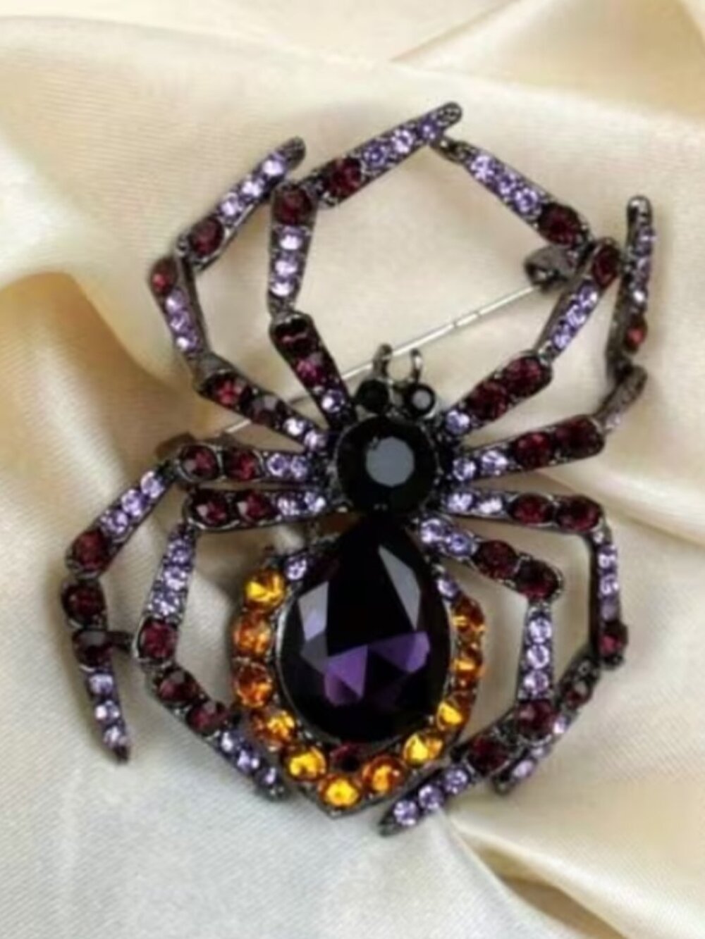 DESIGNER Goth Halloween Spider Gunmetal Purple & Orange Crystal Brooch Pin**NEW!